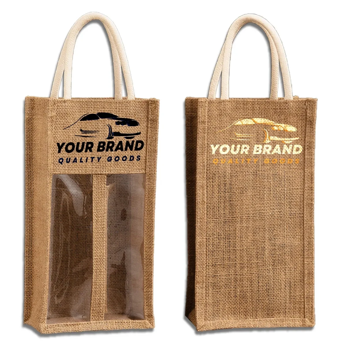 Natural Jute Wine Tote Gift Bag with Dividers Double Window, custom tote bag with logo imprint 1