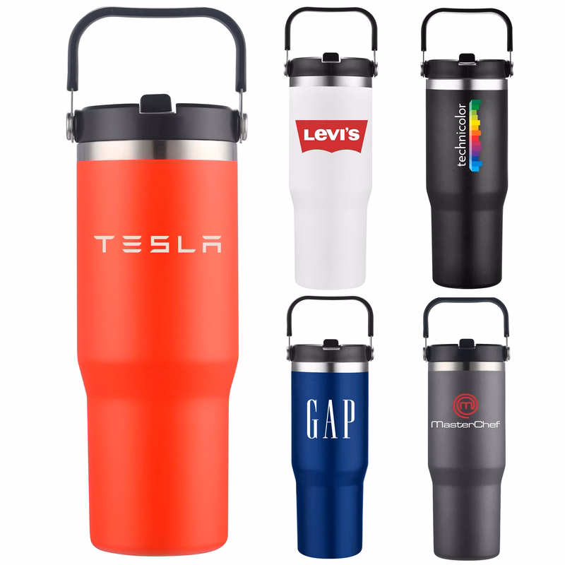 Scenesetter 30 Oz. Double Wall Vacuum Insulated Thermos w/Sip Straw and Carrying Handle Black