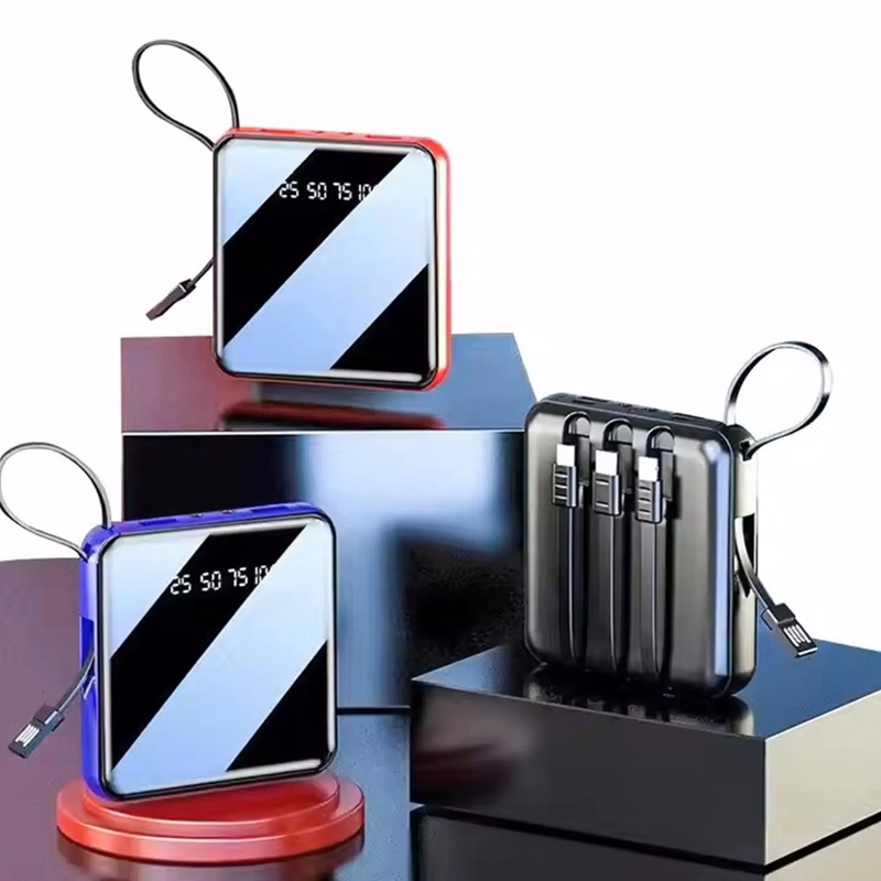 10000 mAh Square Mirror Power Bank with Built-in Cable