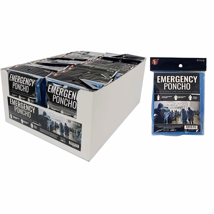 Water-Resistant Emergency Poncho with Hood - Blue
