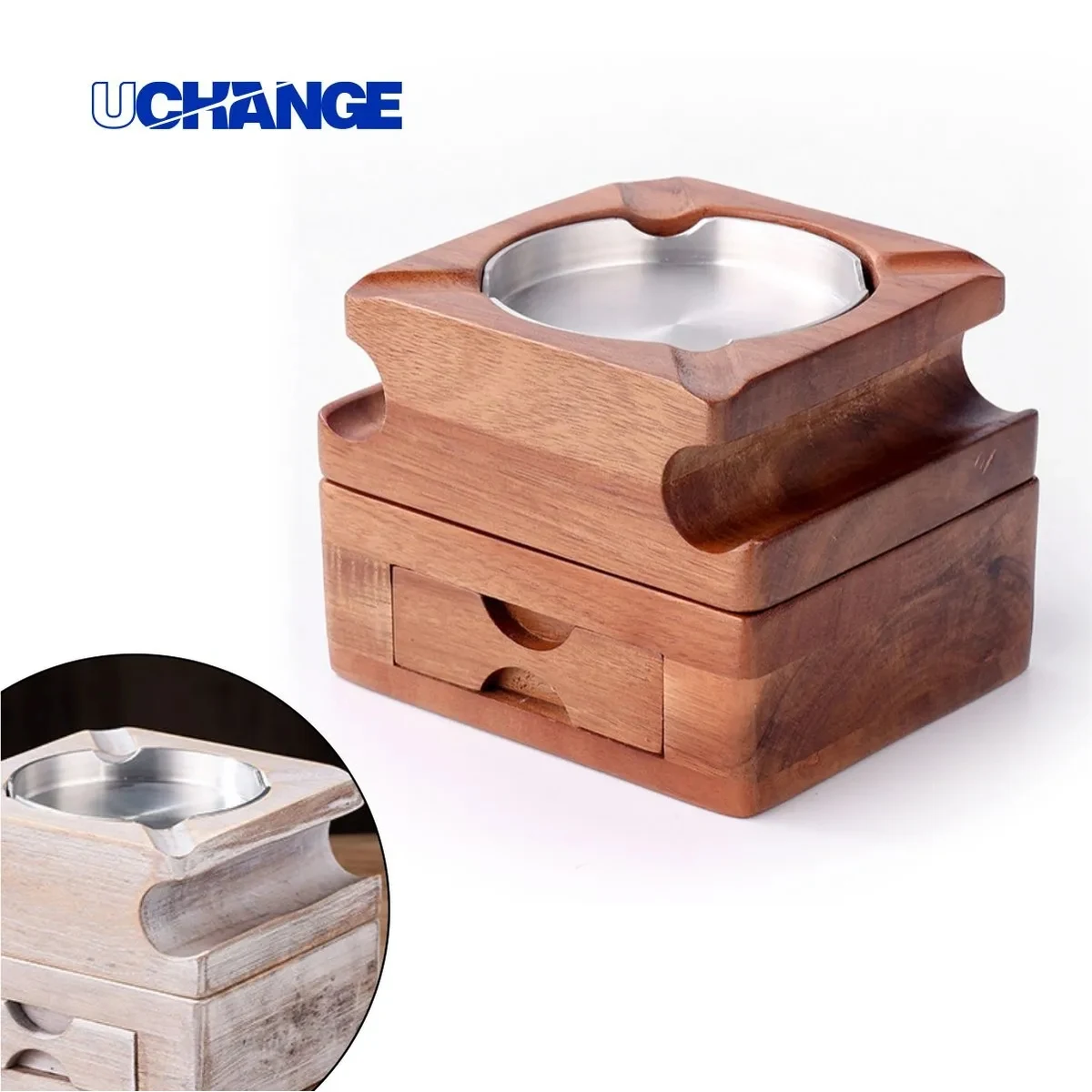 Detachable Wood Cigar Ashtray W/ Whiskey Glass Holder Drawer 1