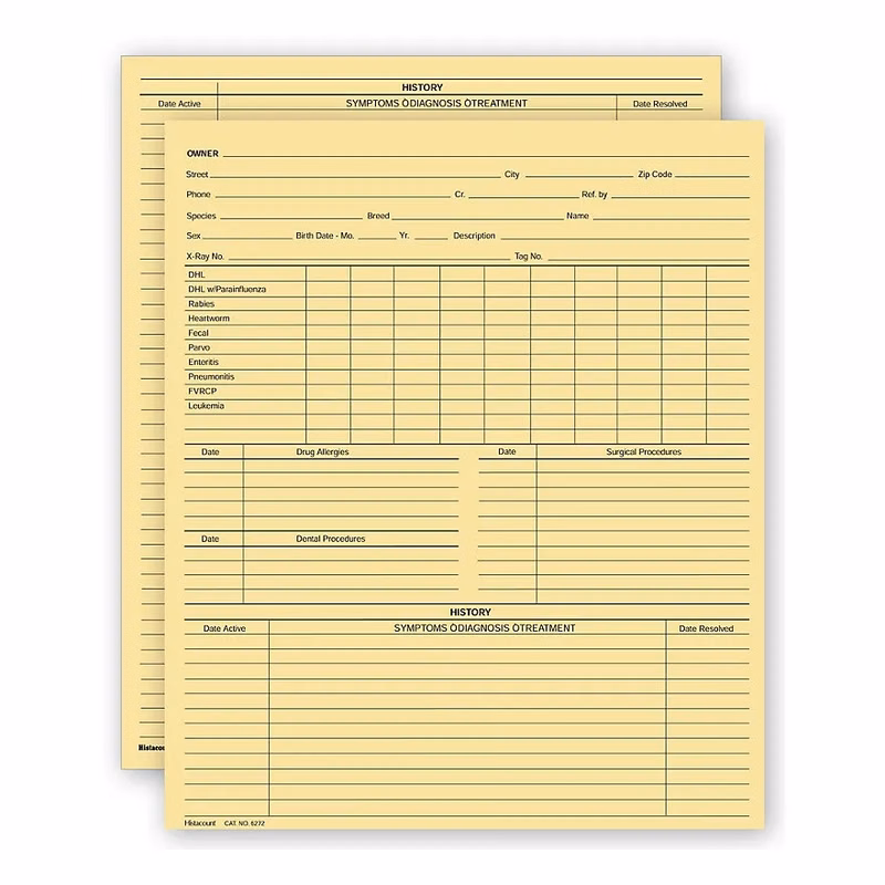 Vet Animal History Exam Record, 2 Sided, Letter Size
