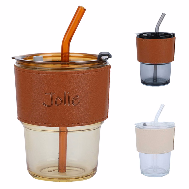 Straw Glass Cup With Leather Cover