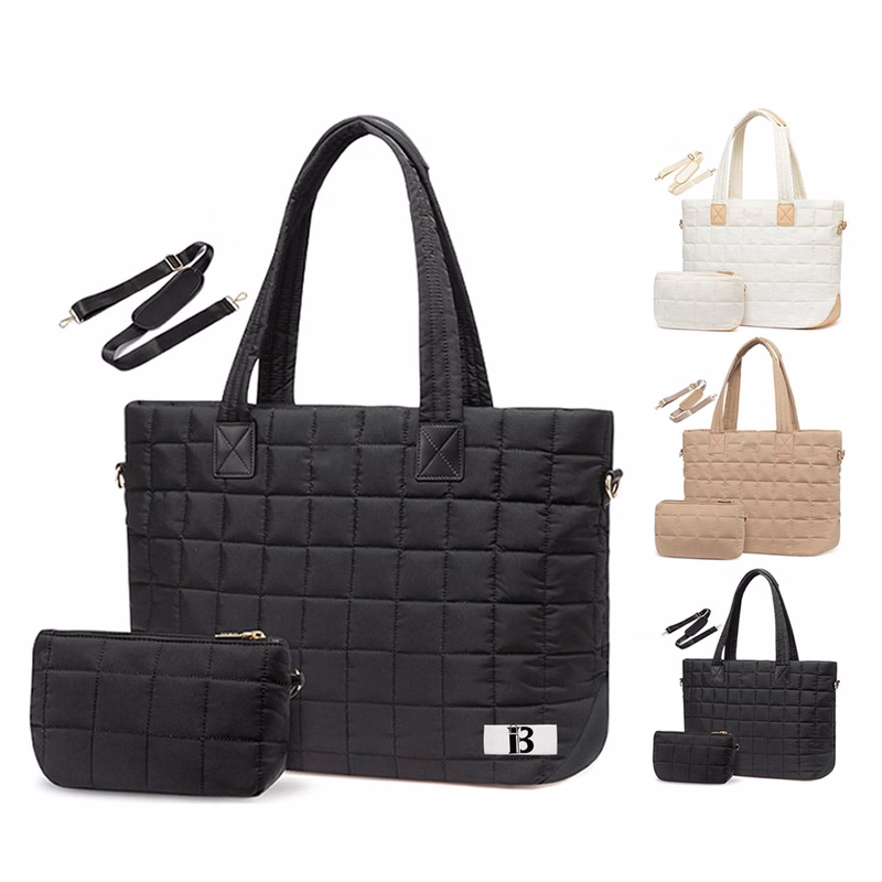 Quilted Nylon Crossbody Tote Bag w/ Mini Pouch