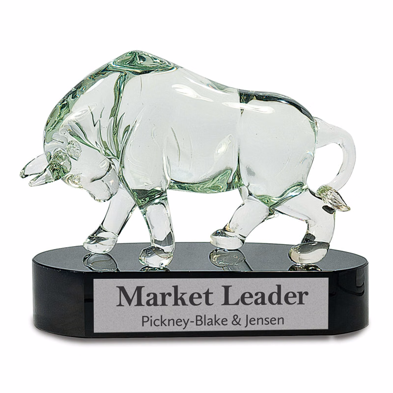 7" Clear Art Glass Bull On Black Base
