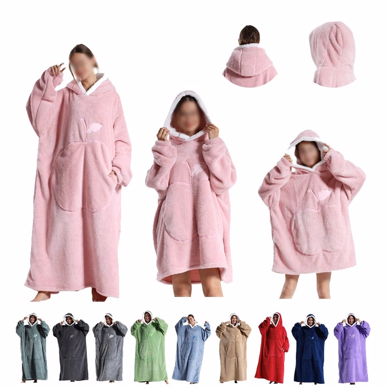 Wearable Blanket Hoodie With Embroidered Apple Pattern