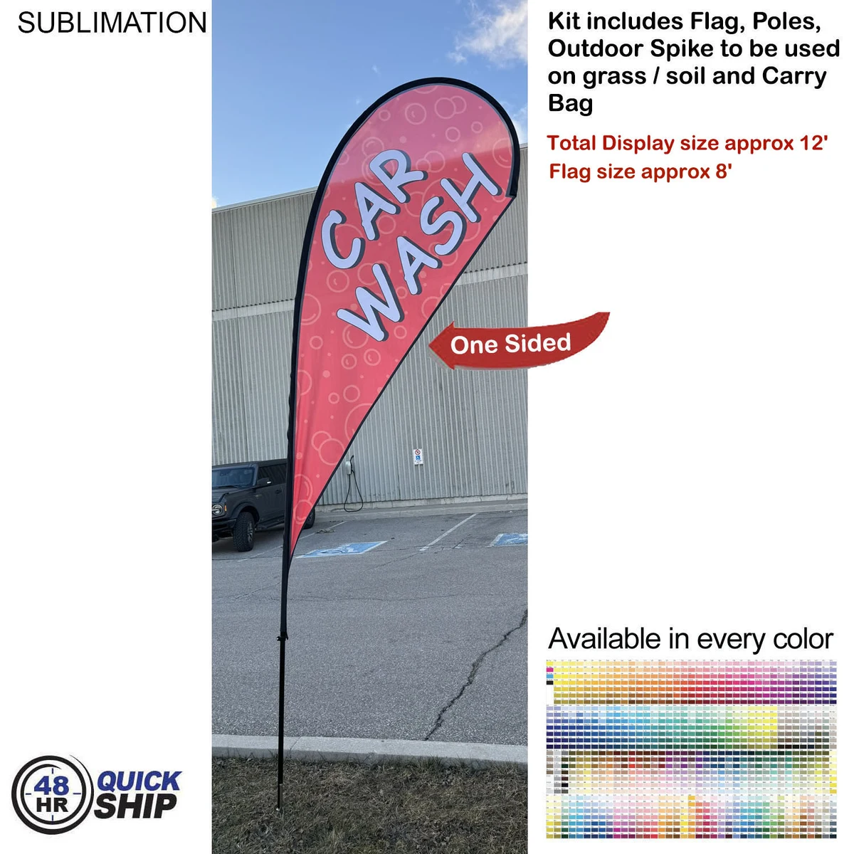 48 Hr Quick Ship - 12' Medium Tear Drop Flag Kit, Full Color Graphics One Side, Spike and Bag. 1