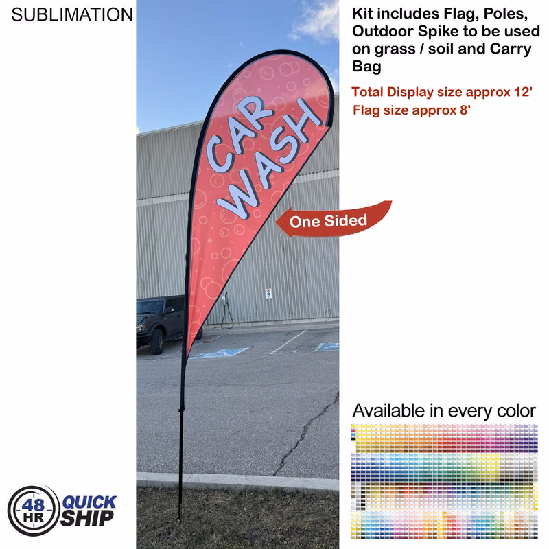 48 Hr Quick Ship - 12' Medium Tear Drop Flag Kit, Full Color Graphics One Side, Spike and Bag.