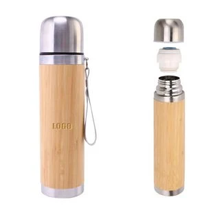 500ml Double Wall Insulation Stainless Steel Bamboo Mug With Straw Lid 1