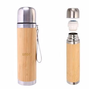 500ml Double Wall Insulation Stainless Steel Bamboo Mug With Straw Lid