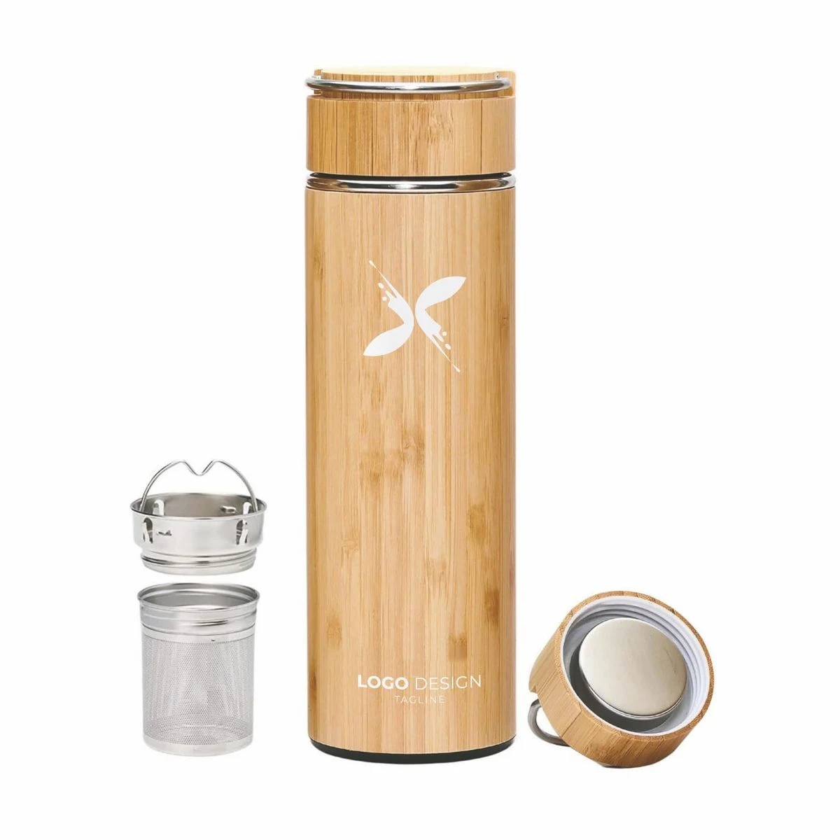Bamboo Water Bottle Insulated Tea Tumbler for Men Birthday Gift Ideas for Women Travel Tea Set, custom water bottle with logo imprint 1