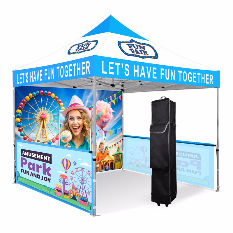 10'x10' Full Color Pop Up Canopy Tent With Back Full Wall And Two Half Walls