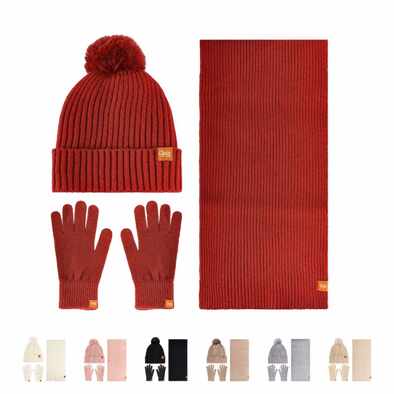 Multi Color Warm Winter 3 Piece Set Pom Beanie Scarf And Gloves