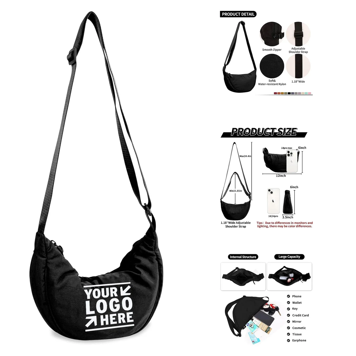 Small Nylon Crescent Crossbody Women Men Trendy Travel Sling Bag 1