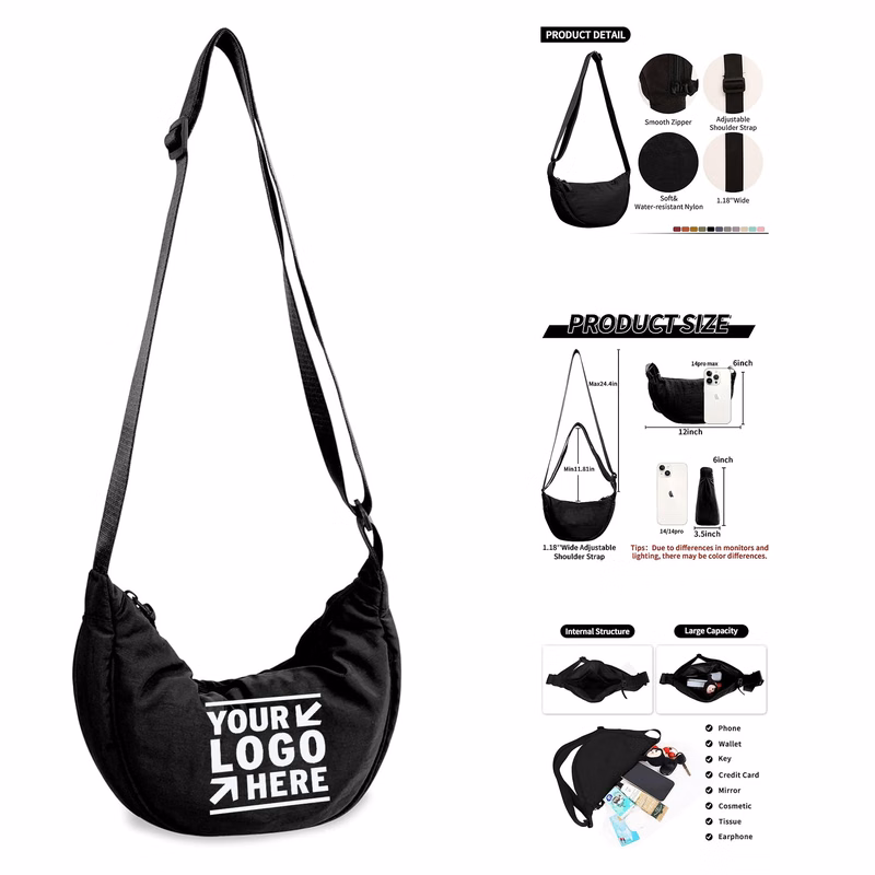 Small Nylon Crescent Crossbody Women Men Trendy Travel Sling Bag