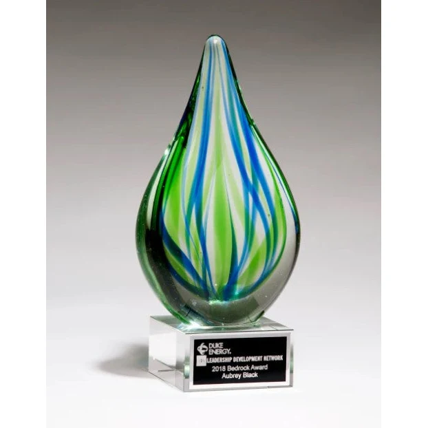 8" Blue And Green Teardrop Art Glass On Clear Glass Base With Black Laserable Aluminum Plate 1