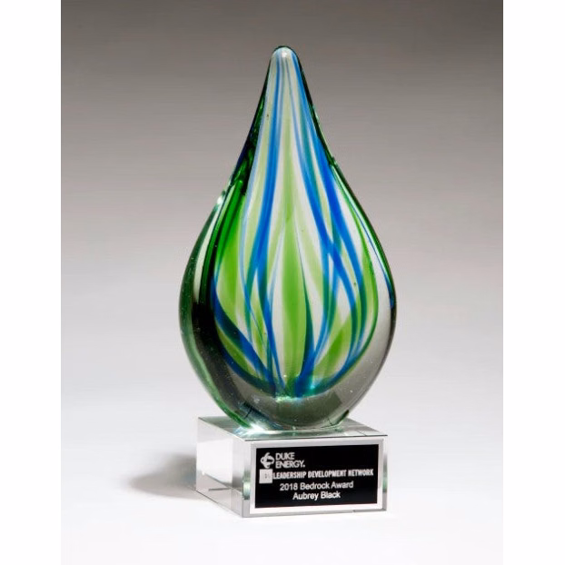 8" Blue And Green Teardrop Art Glass On Clear Glass Base With Black Laserable Aluminum Plate