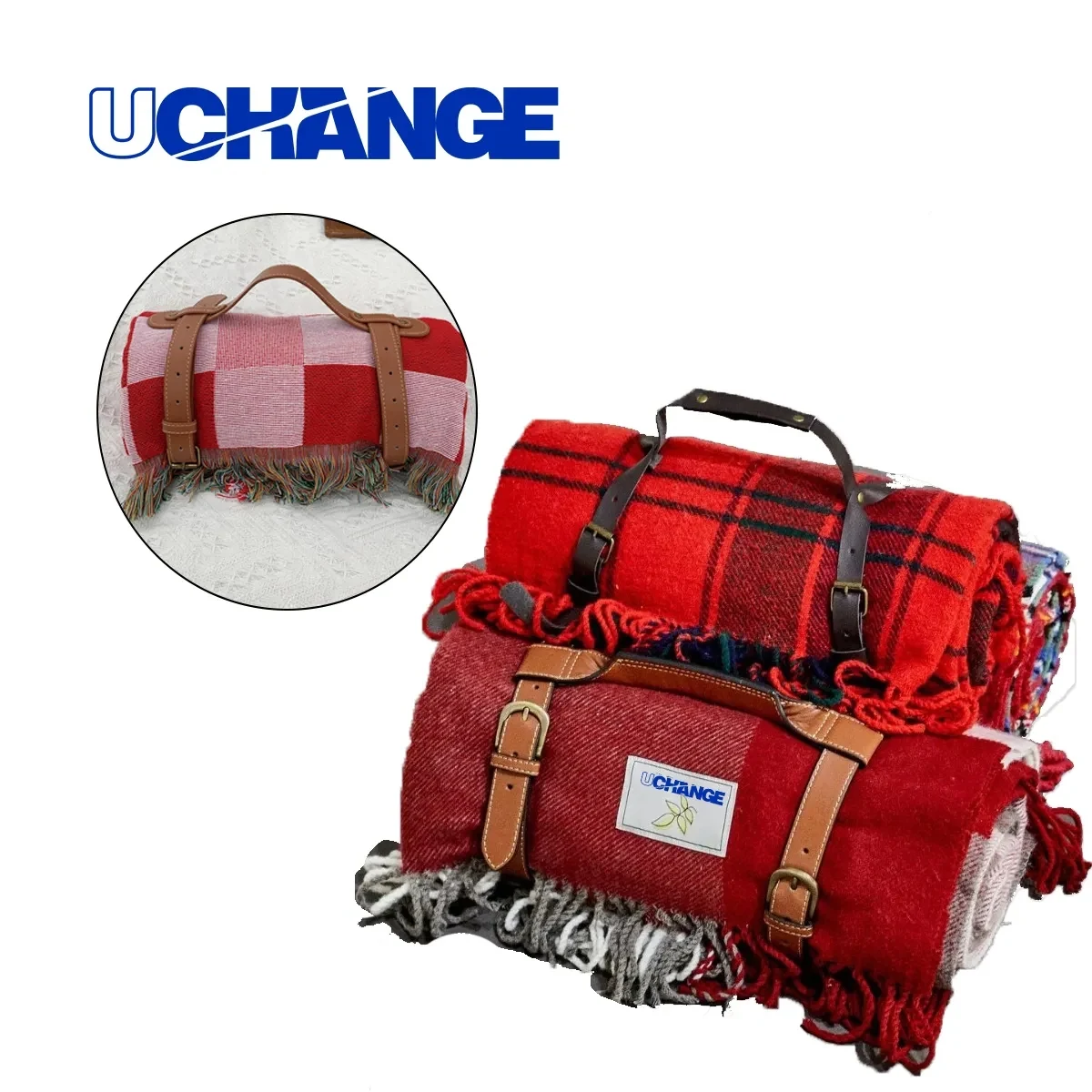 Roll Up Picnic Blanket With PU Leather Carry Strap Red 1