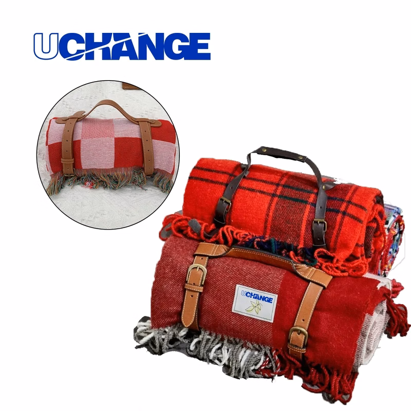 Roll Up Picnic Blanket With PU Leather Carry Strap Red