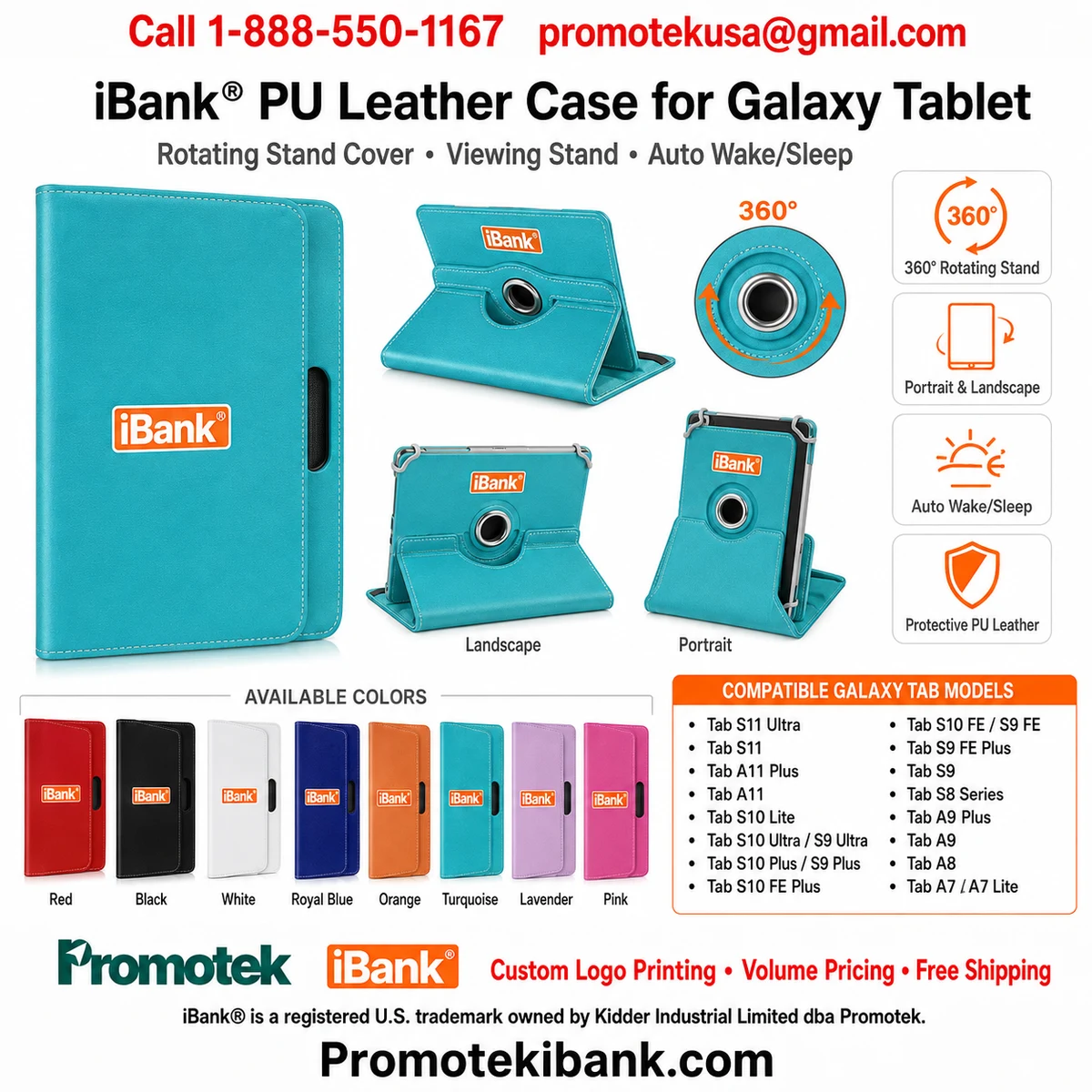 iBank® PU Leather Case for Galaxy Tablet, Rotating Stand Cover Viewing Stand Auto Wake/Sleep 1