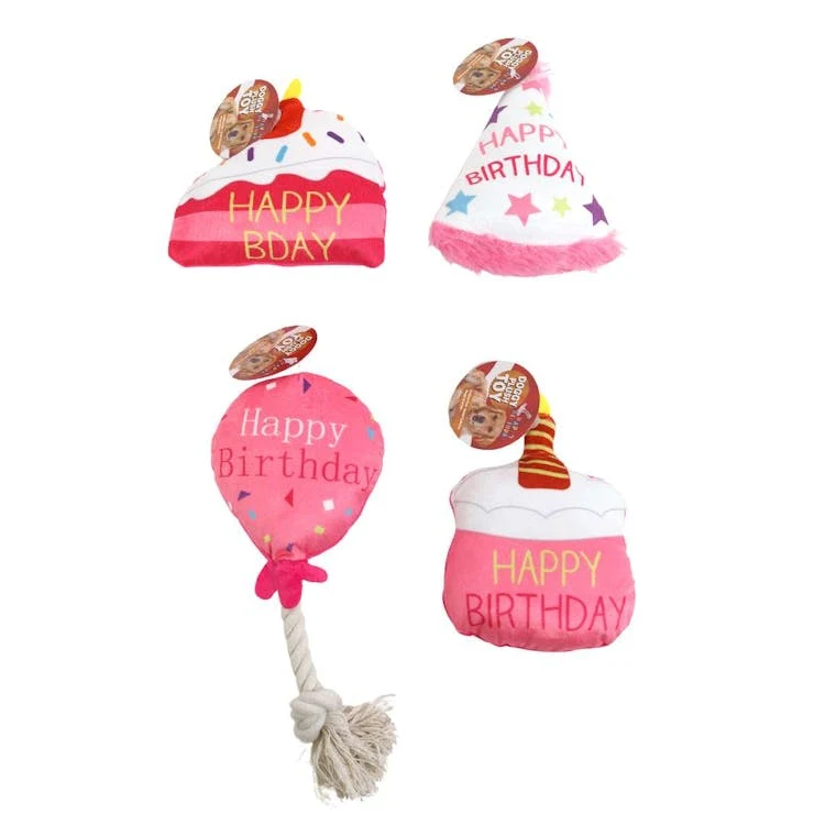 Squeaker Plush Dog Toys - Pink Happy Birthday Theme 1