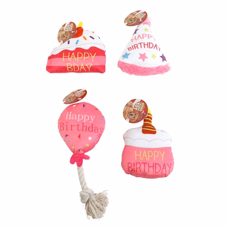 Squeaker Plush Dog Toys - Pink Happy Birthday Theme