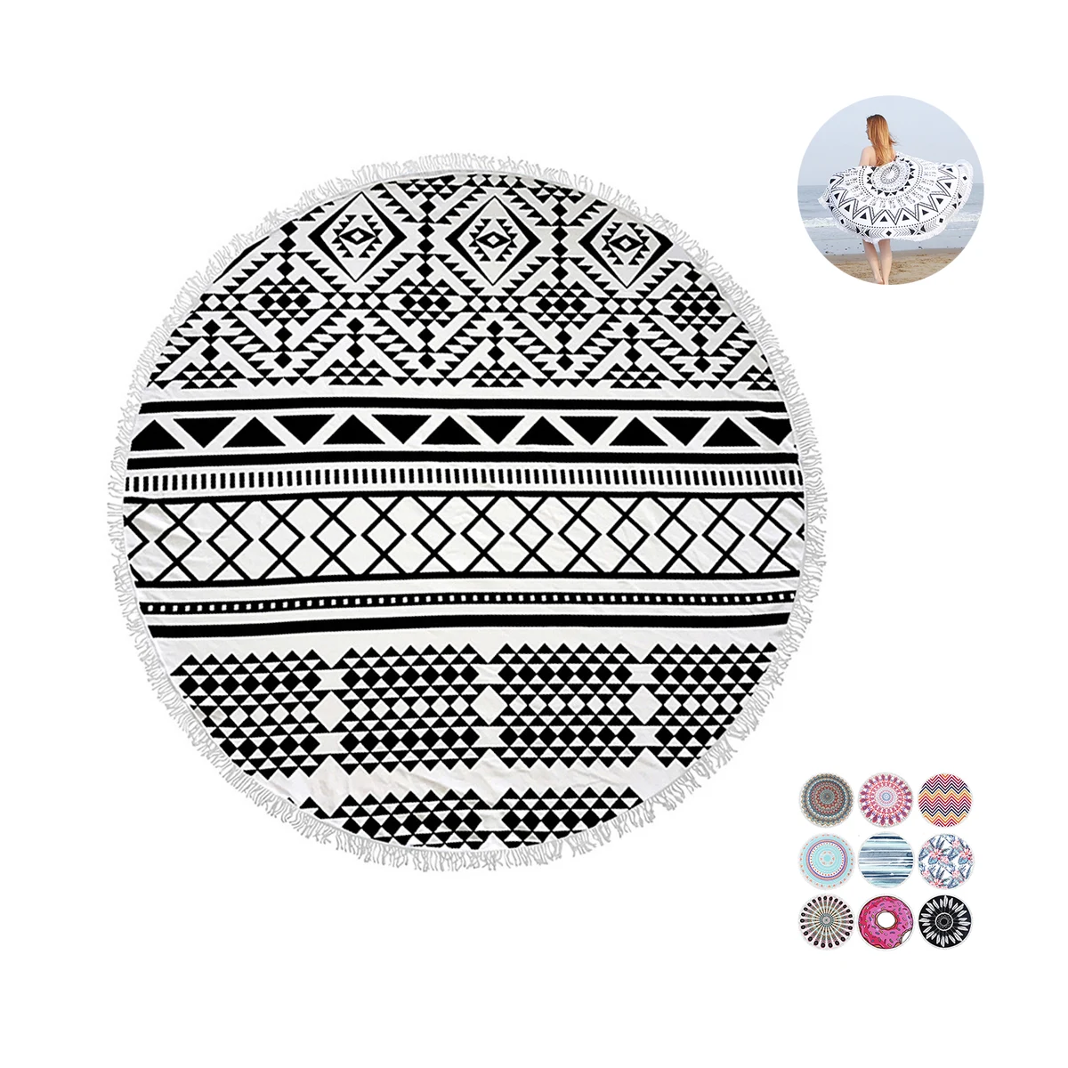 Round Quick Dry Beach Towel w/ Tassel 1