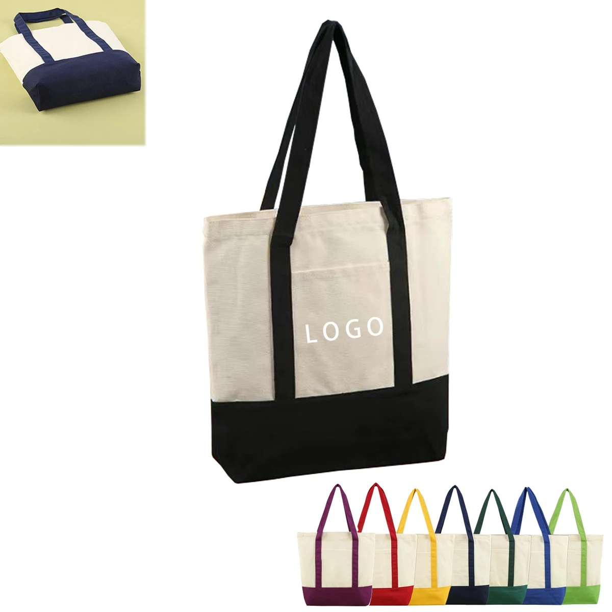 Canvas Shopping Tote with an External Pocket, custom tote bag with logo imprint 1