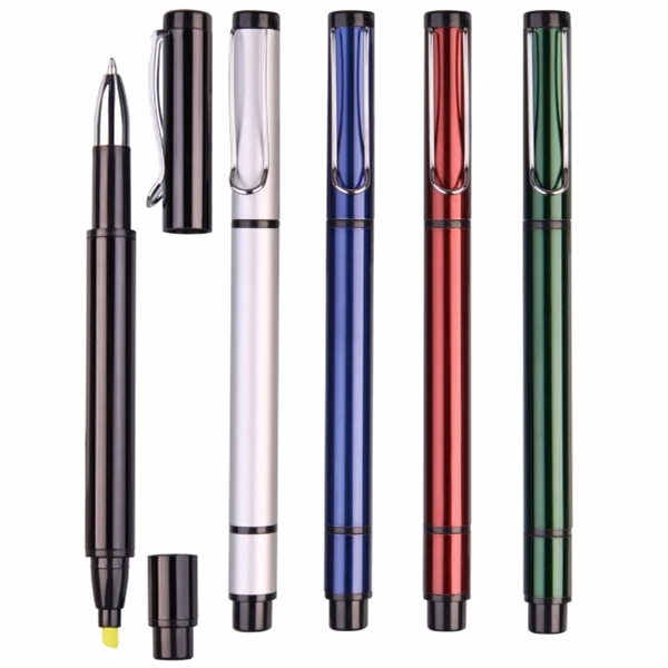 Metal ballpoint pen with yellow highlighter