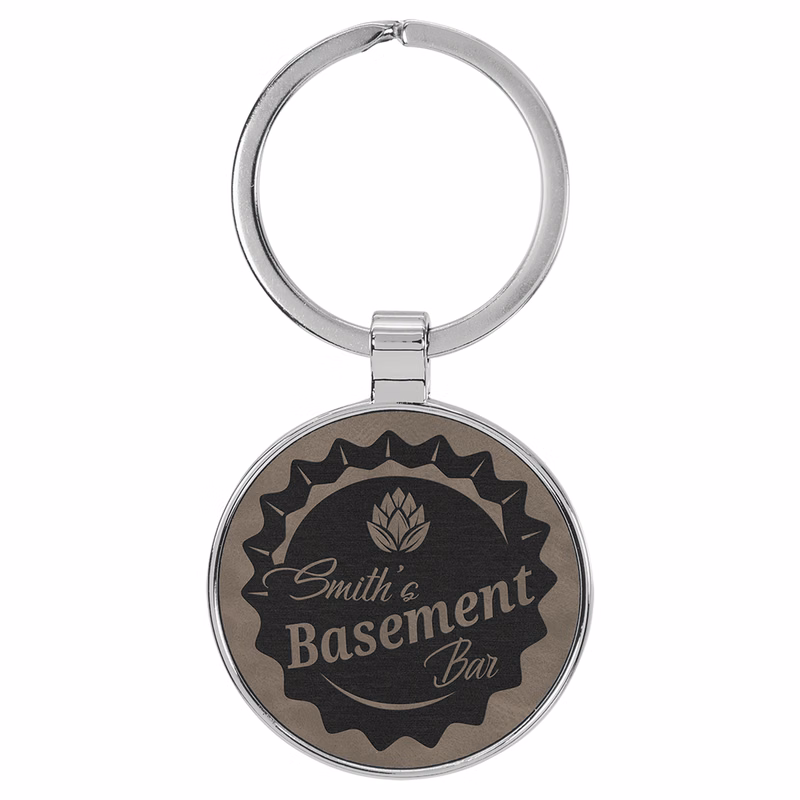 1 1/2" Leatherette/Metal Gray Round Keychain