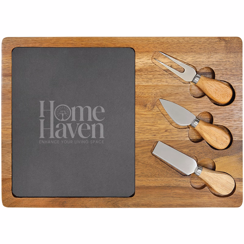 13 3/4" x 9 3/4" Acacia Wood/Slate Rectangle Cheese Set w/ Three Tools