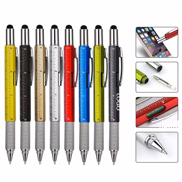 Custom 5.9" 6-in-1 Plastic Tech Stylus Pen — Multi-Tool Organizer for Professionals