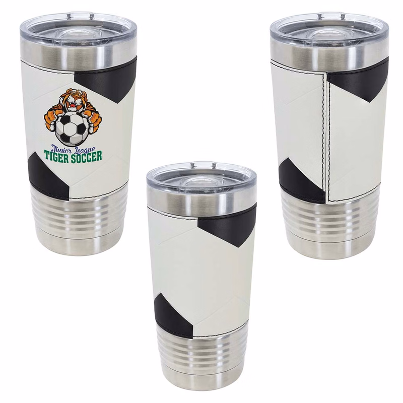 Soccer Leatherette Tumbler w/Slide Lid - 20 Oz.