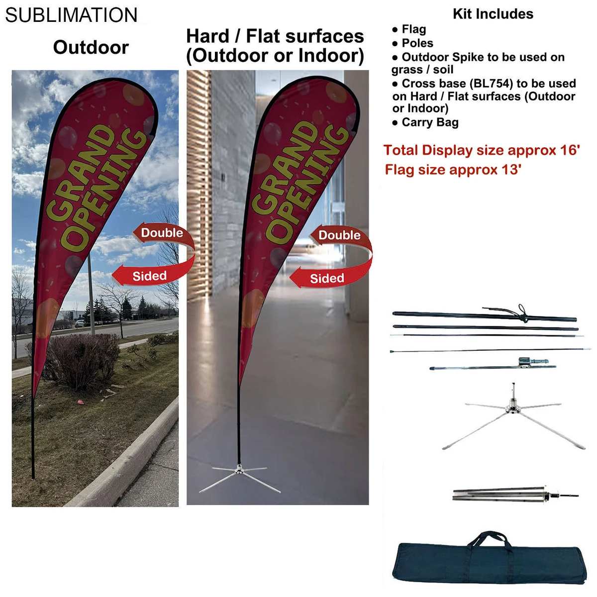 16' X-Large Tear Drop Flag Kit, Full Color Graphics Double Side, Outdoor Spike base, Indoor use 1
