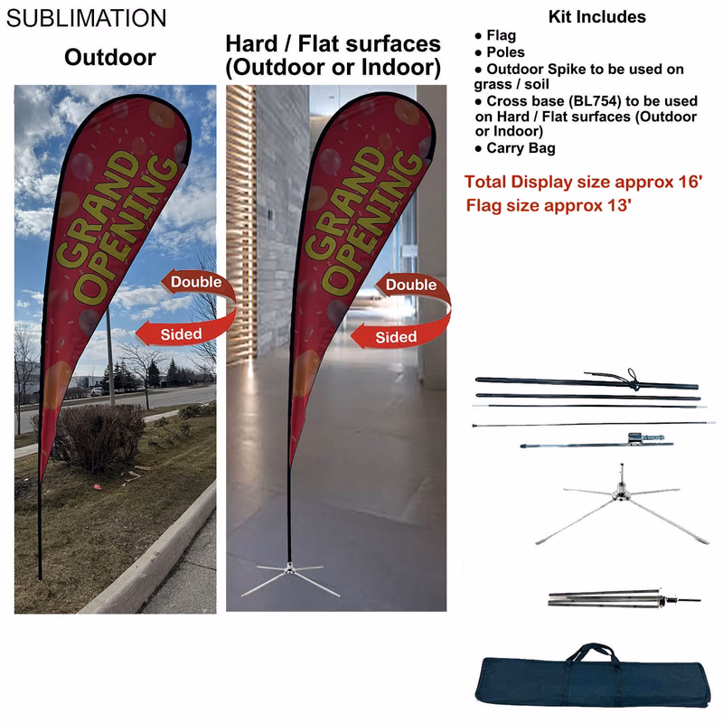 16' X-Large Tear Drop Flag Kit, Full Color Graphics Double Side, Outdoor Spike base, Indoor use