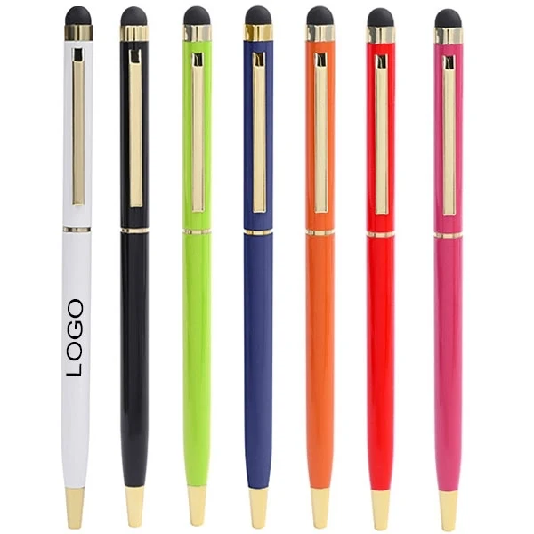 Gold Trim Slim Metal Twist Ballpoint Stylus Pen 1