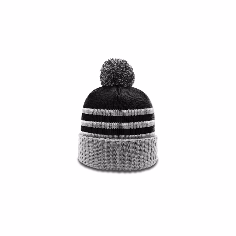  Striped Beanie with Cuff & Pom
