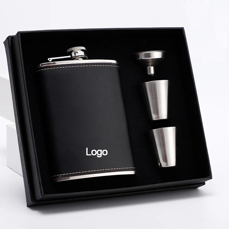 8oz Stainless Steel Black Hip Flask Set 1