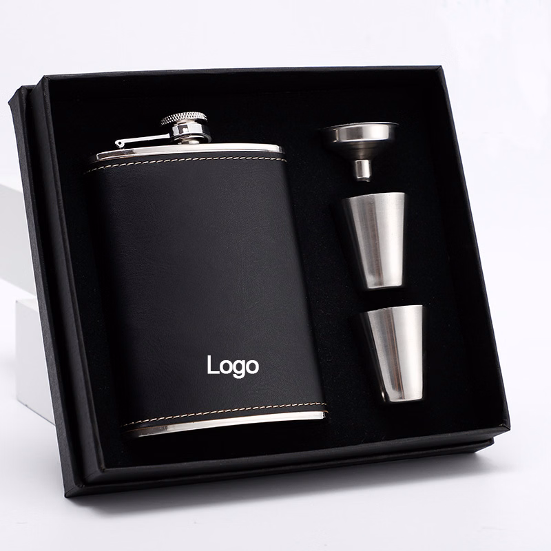 8oz Stainless Steel Black Hip Flask Set