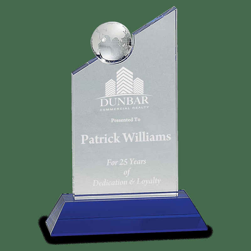 8.25" Clear Crystal With Inset Crystal Globe And Blue Base