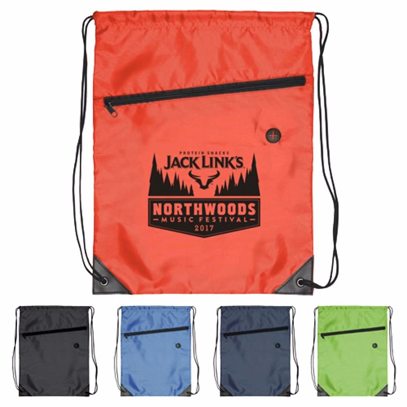 Drawstring Backpack - Drawstring Sports Bag w/ Front Zipper