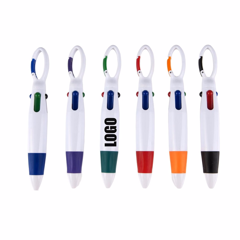 4-Color Retractable Ballpoint Pen with Carabiner Clip