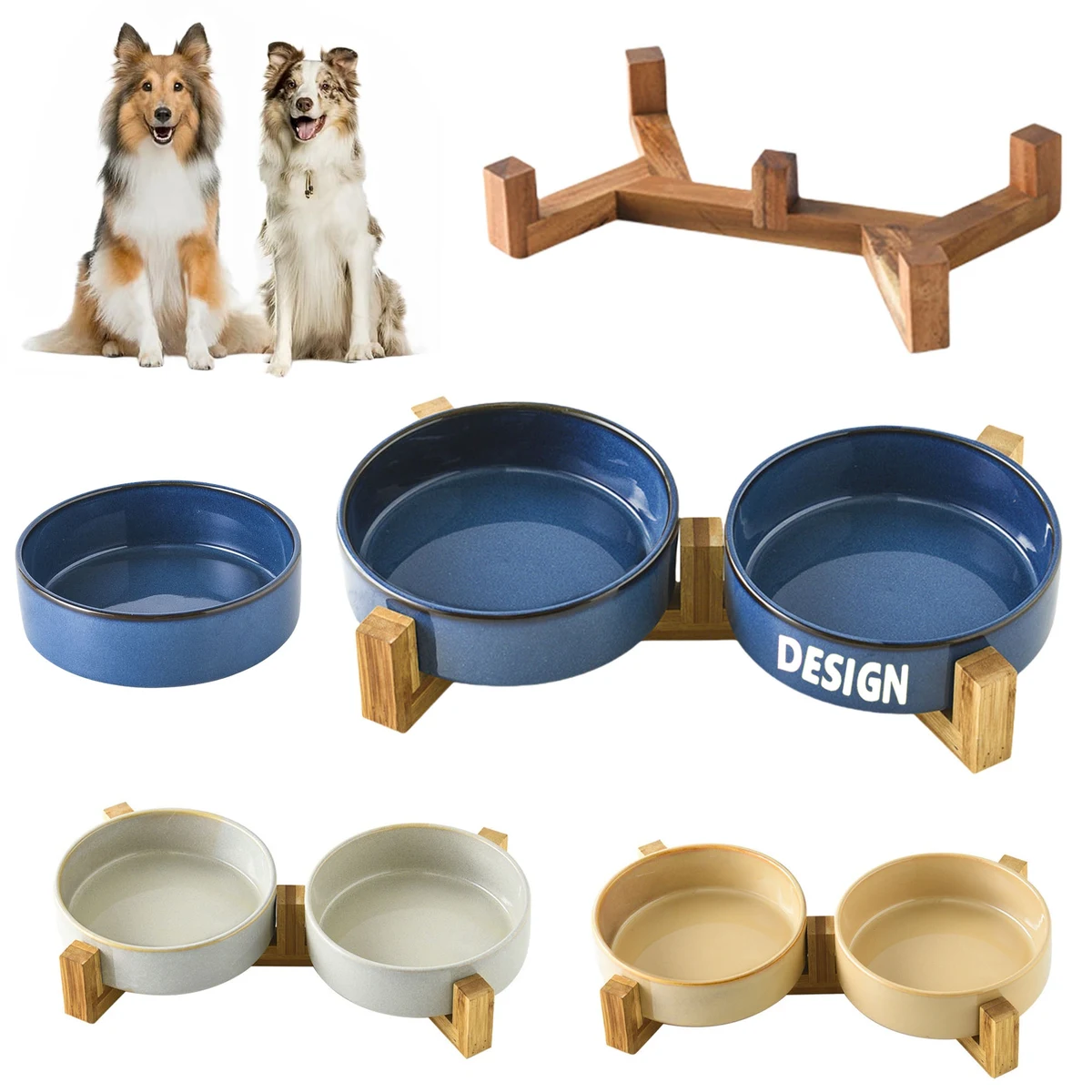 Ceramic Dog Cat Bowl Set with Wooden Stand 1