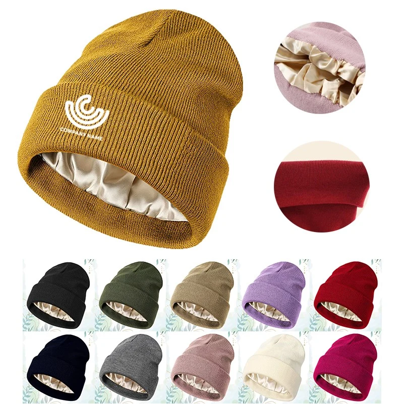 Silk-Lined Acrylic Knit Beanie Hat 1