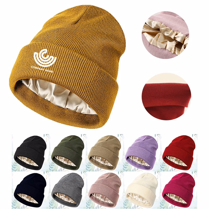 Silk-Lined Acrylic Knit Beanie Hat