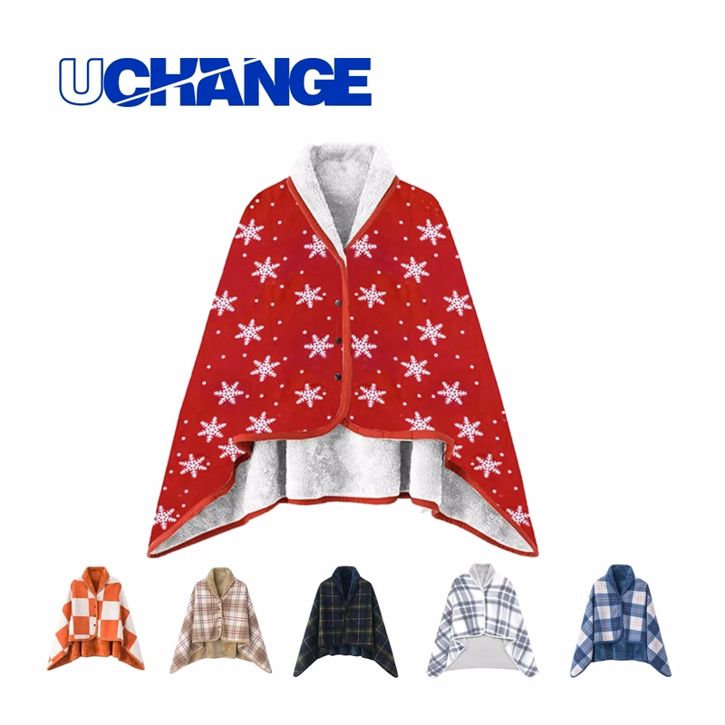 Sherpa-Lined Wearable Throw With Snaps, Holiday Print