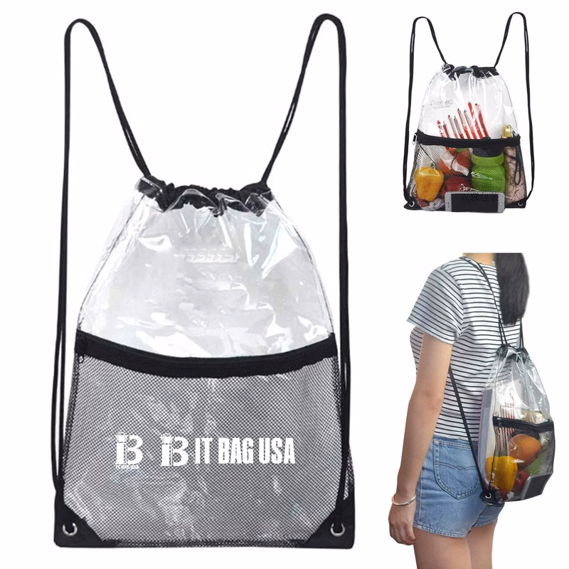 Clear Drawstring Backpack With Mesh Front Pocket