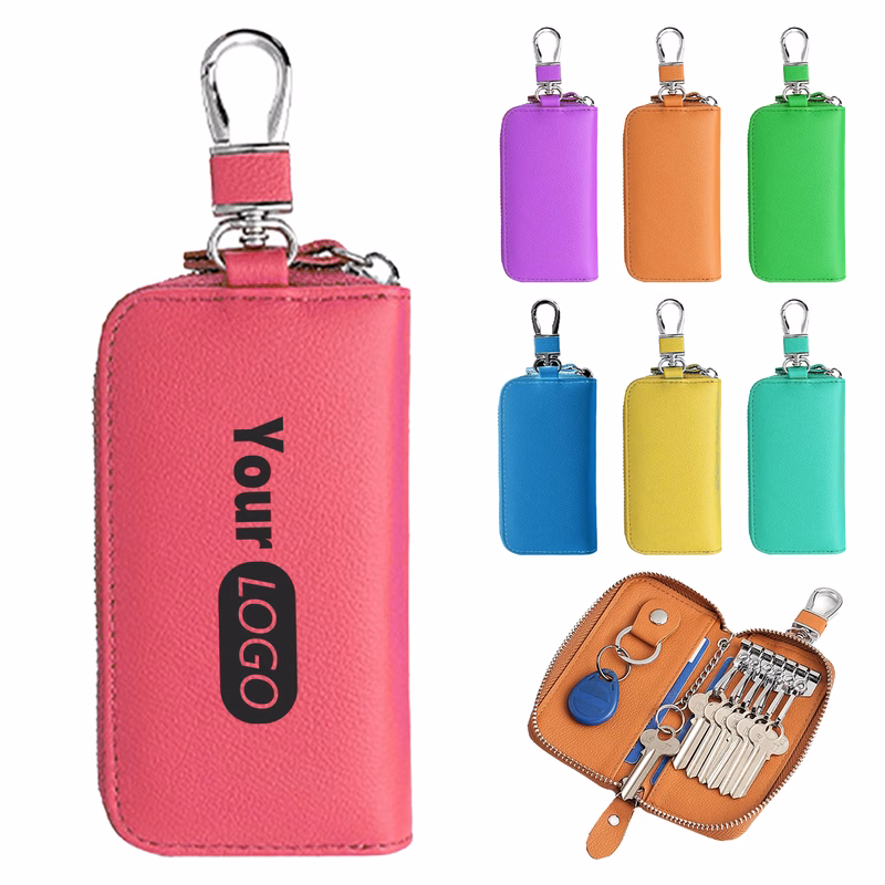 Leather Multi-Functional Key Case With Zipper And Clip
