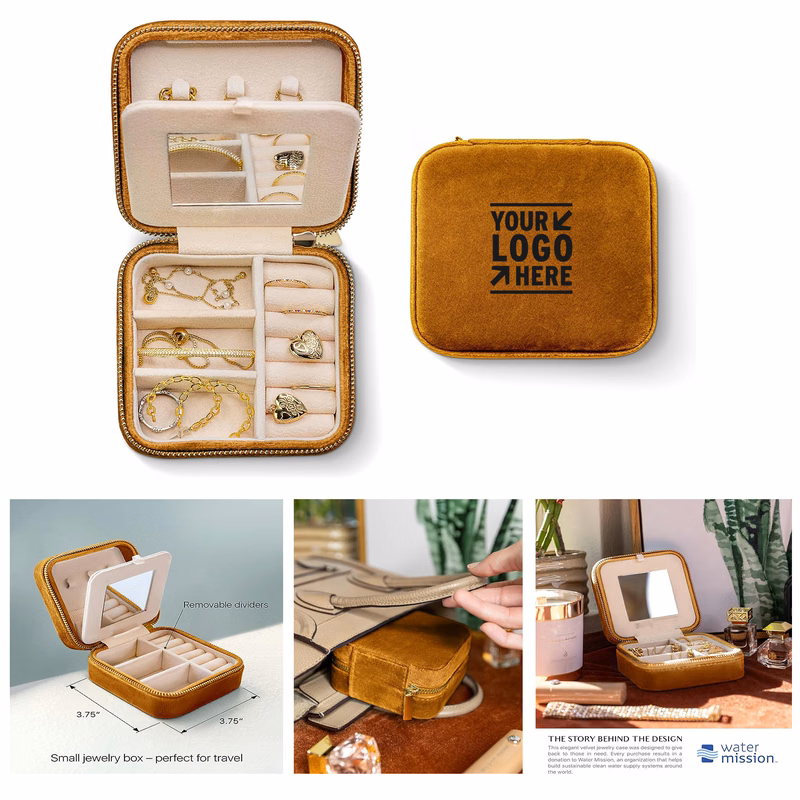 Women Plush Velvet Travel Jewelry Storage Box Small Earring Case with Mirror