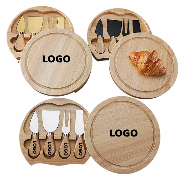 4-Piece Cheese Knife Set with Round Rubberwood Box